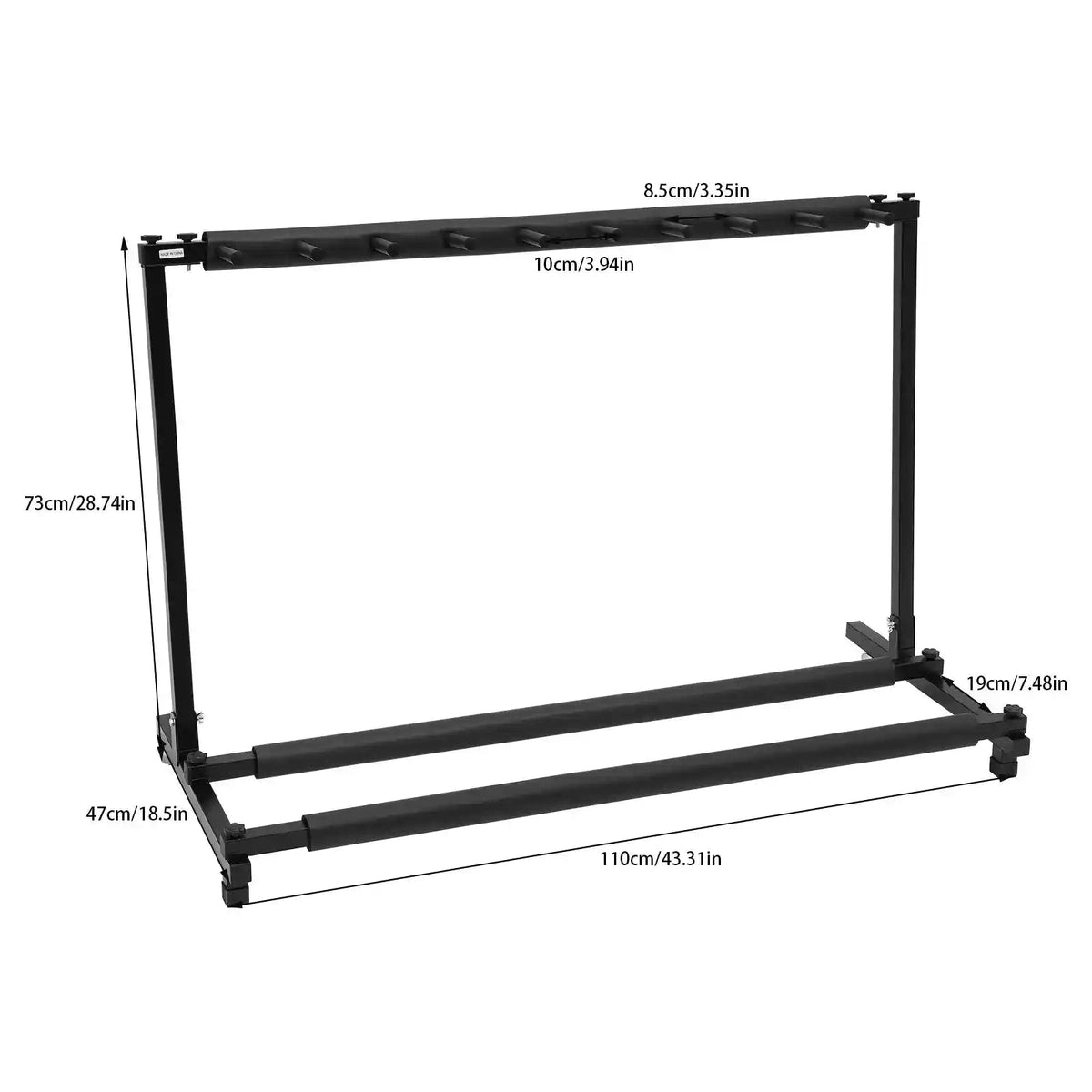 9-Way Universal Guitar Stand holding nine guitars Black foldable stand for acoustic and classical guitars.