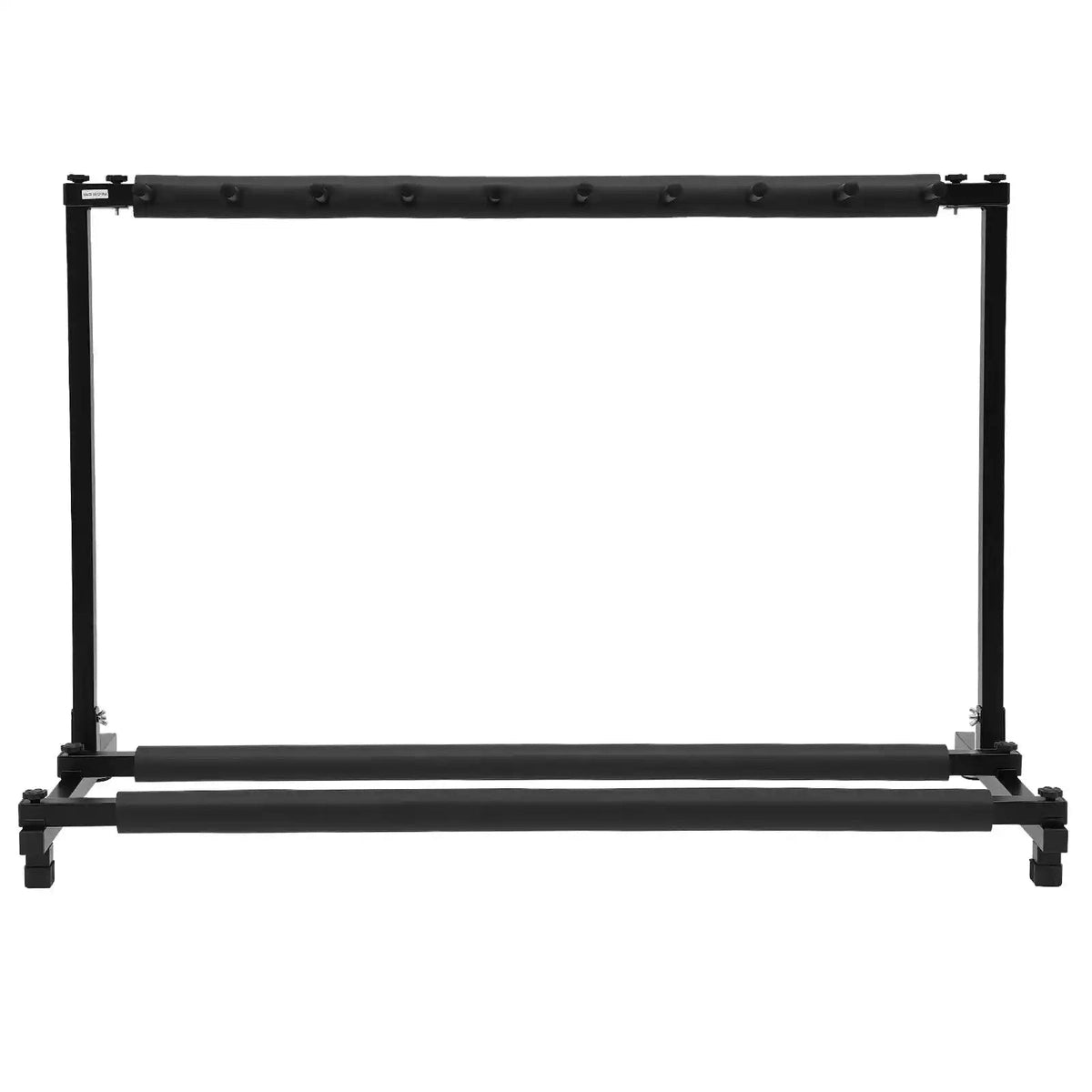 9-Way Universal Guitar Stand holding nine guitars Black foldable stand for acoustic and classical guitars.