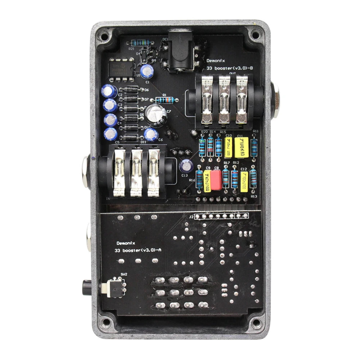Internal circuit view of Demonfx 66 Booster Guitar Effect Pedal – Clean Preamp Boost, showing electronic components and wiring layout.
