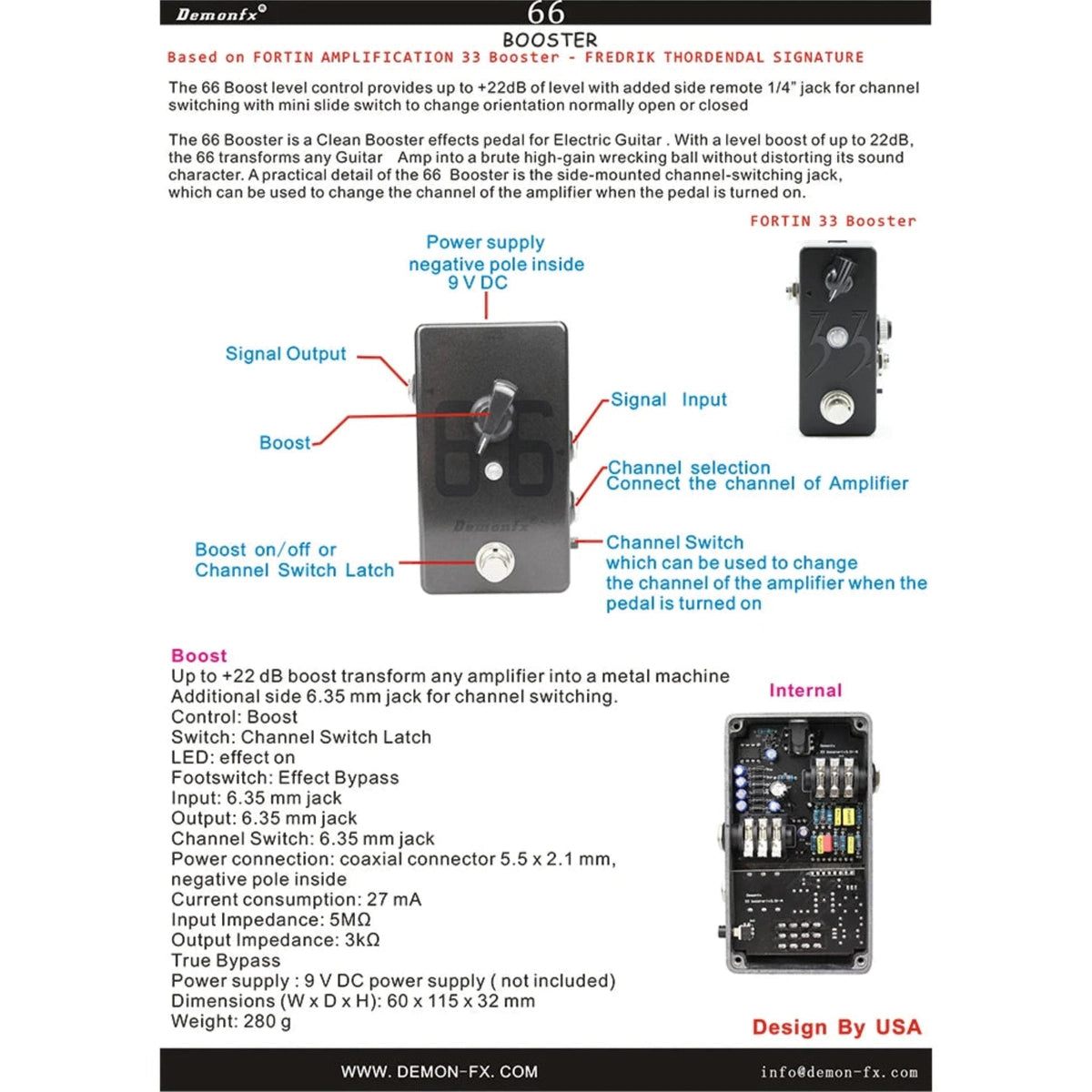 Demonfx 66 Booster Guitar Effect Pedal – Clean Preamp Boost with amp channel switch, featuring +22dB gain and true bypass design for electric guitar tone shaping.