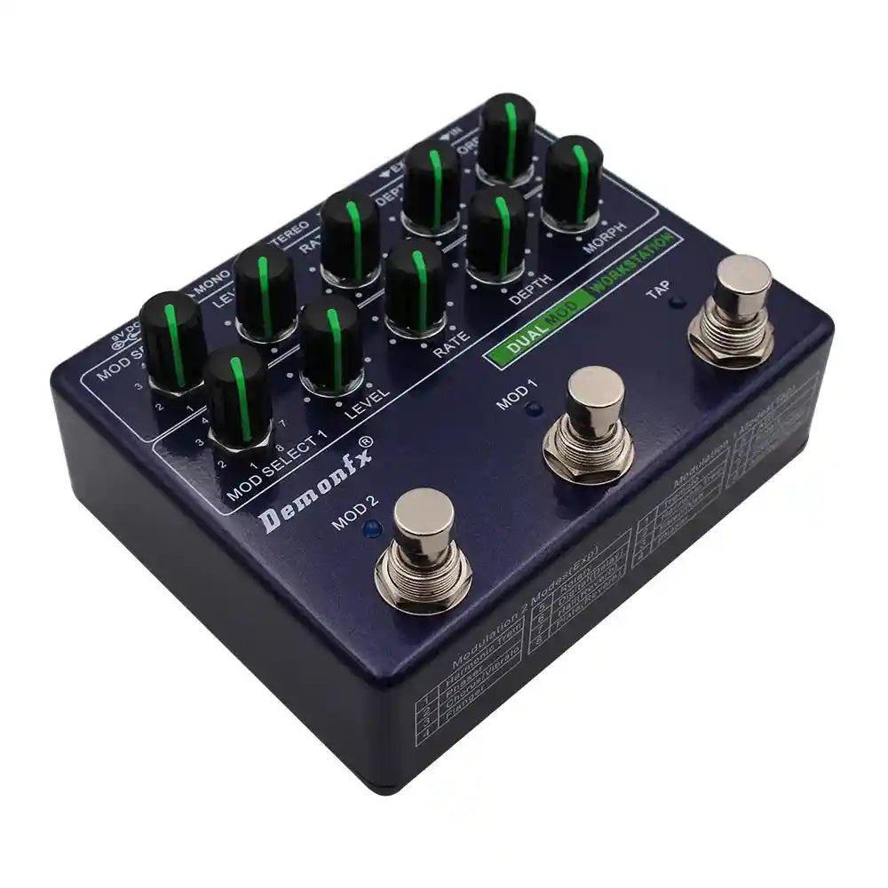 Demonfx Dual MOD WORKSTATION guitar effect pedal featuring two modulation models, adjustable knobs for level, rate, depth, and morph, with mono, stereo, tap, and expression inputs.
