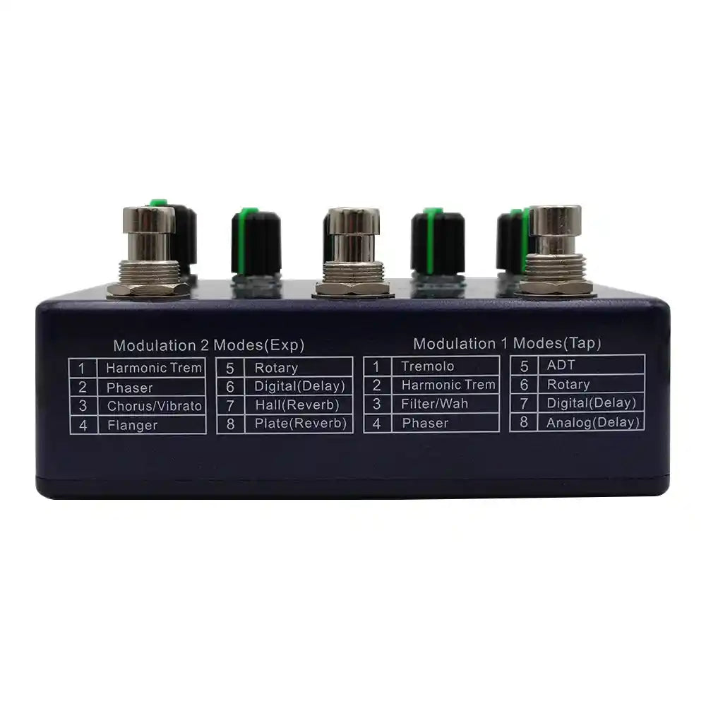 Demonfx Dual MOD WORKSTATION guitar effect pedal featuring two modulation models, adjustable knobs for level, rate, depth, and morph, with mono, stereo, tap, and expression inputs.