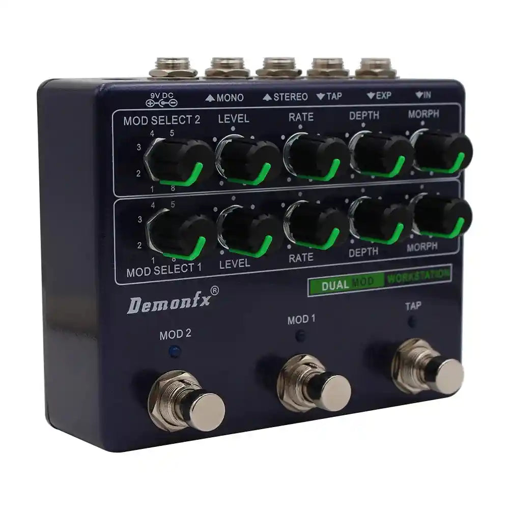 Demonfx Dual MOD WORKSTATION guitar effect pedal featuring two modulation models, adjustable knobs for level, rate, depth, and morph, with mono, stereo, tap, and expression inputs.