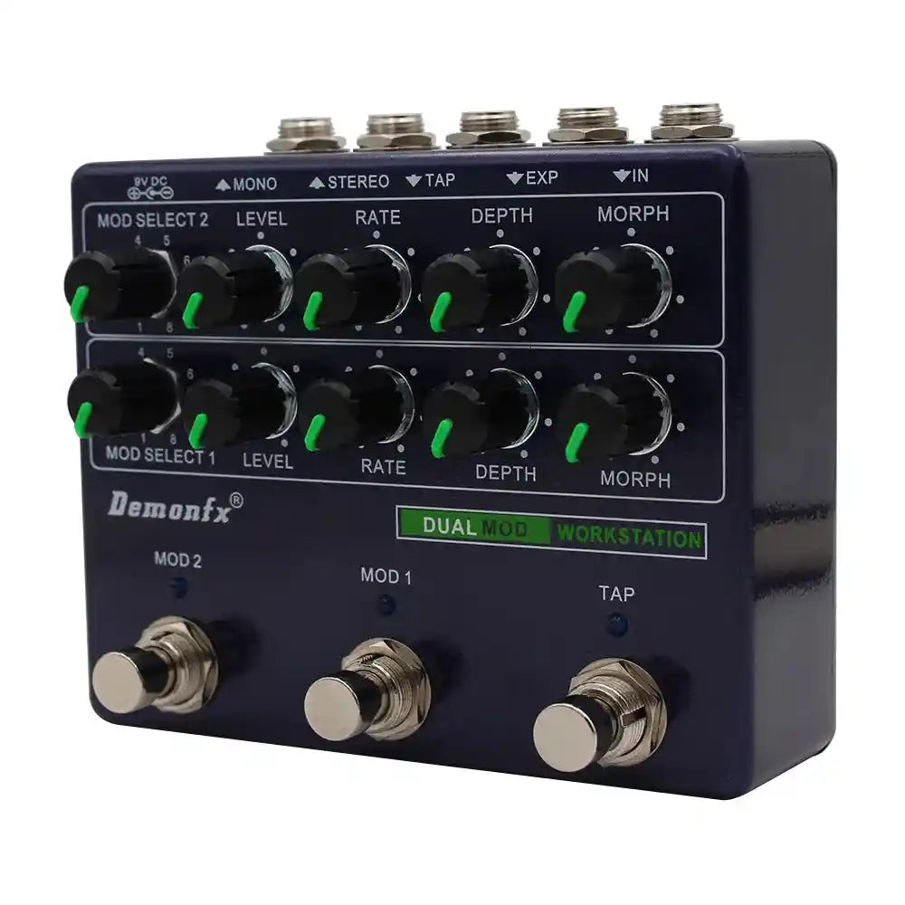 Demonfx Dual MOD WORKSTATION guitar effect pedal featuring two modulation models, adjustable knobs for level, rate, depth, and morph, with mono, stereo, tap, and expression inputs.