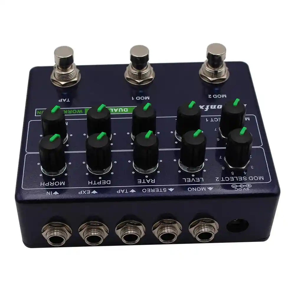 Demonfx Dual MOD WORKSTATION guitar effect pedal featuring two modulation models, adjustable knobs for level, rate, depth, and morph, with mono, stereo, tap, and expression inputs.