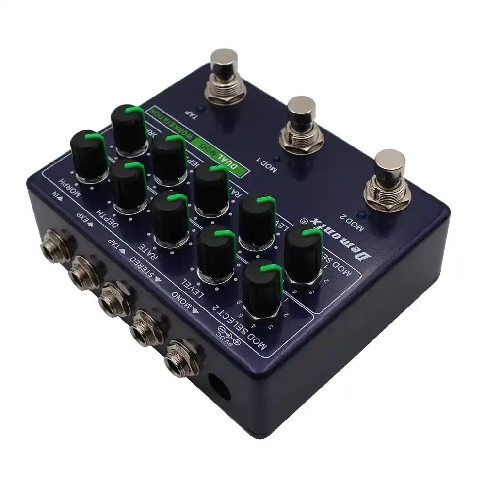 Demonfx Dual MOD WORKSTATION guitar effect pedal featuring two modulation models, adjustable knobs for level, rate, depth, and morph, with mono, stereo, tap, and expression inputs.