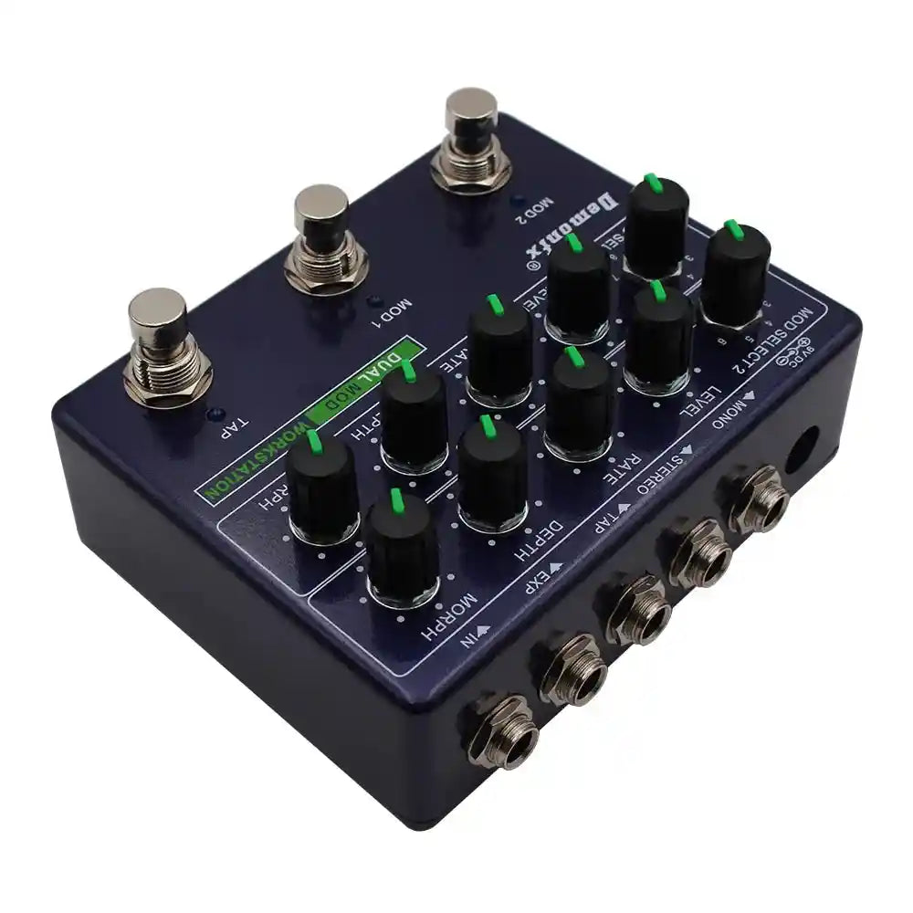 Demonfx Dual MOD WORKSTATION guitar effect pedal featuring two modulation models, adjustable knobs for level, rate, depth, and morph, with mono, stereo, tap, and expression inputs.