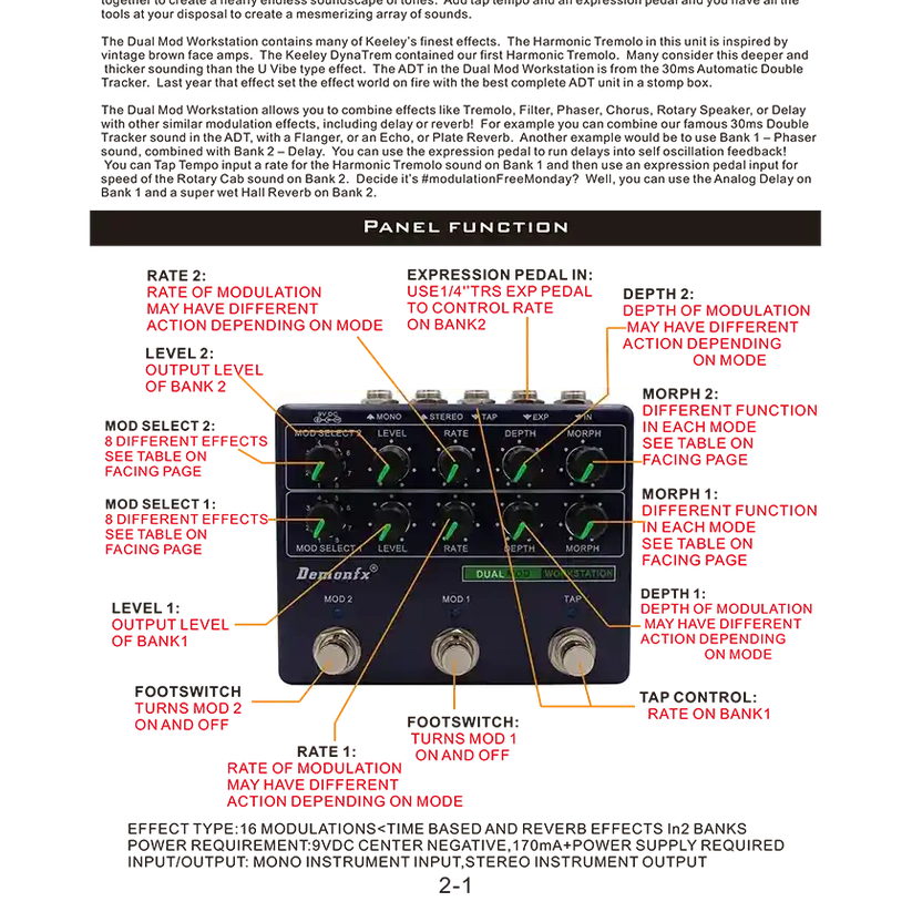 Demonfx Dual MOD WORKSTATION guitar effect pedal featuring two modulation models, adjustable knobs for level, rate, depth, and morph, with mono, stereo, tap, and expression inputs.