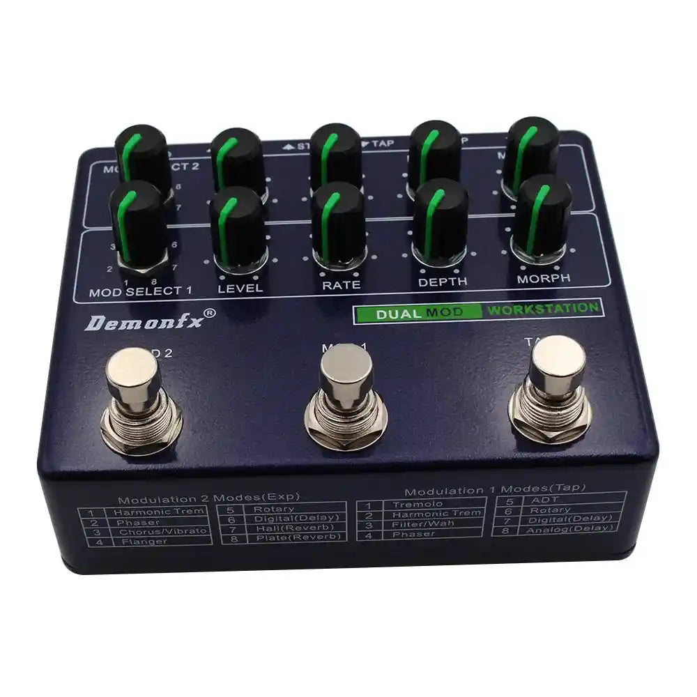Demonfx Dual MOD WORKSTATION guitar effect pedal featuring two modulation models, adjustable knobs for level, rate, depth, and morph, with mono, stereo, tap, and expression inputs.