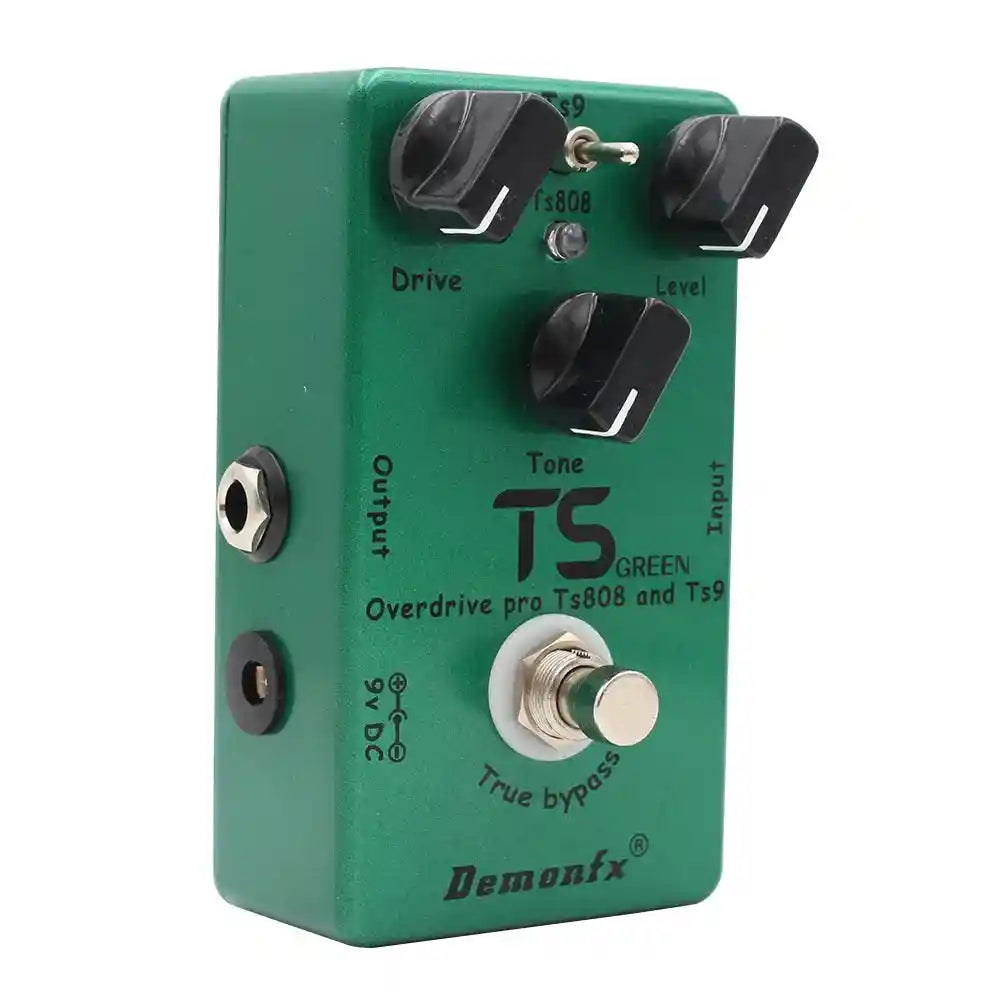 Demonfx TS GREEN dual overdrive booster pedal combining TS9 and TS808 features, with drive, tone, and level controls in a green metal casing.