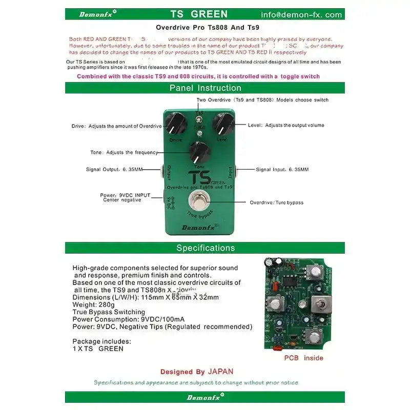 Demonfx TS GREEN dual overdrive booster pedal combining TS9 and TS808 features, with drive, tone, and level controls in a green metal casing.