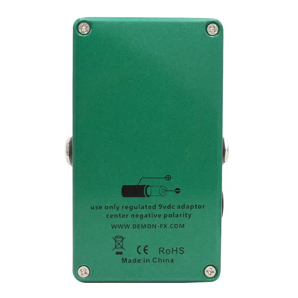 Demonfx TS GREEN dual overdrive booster pedal combining TS9 and TS808 features, with drive, tone, and level controls in a green metal casing.