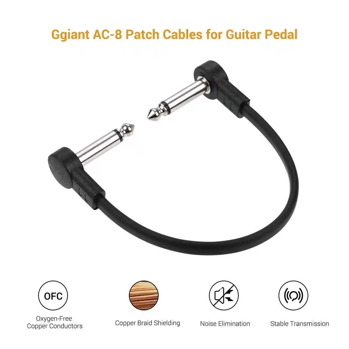Ggiant AC-8 pedal patch cable with 15 cm length and right-angle connectors, featuring oxygen-free copper conductors and copper braid shielding for noise elimination and stable transmission.