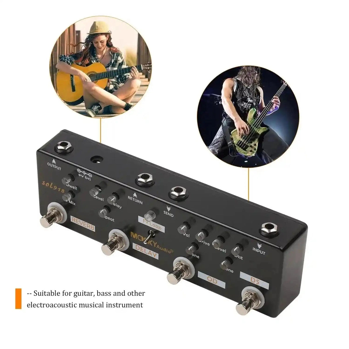 MOSKY Audio SOL918 multi-effect pedal featuring 5-in-1 analog effects, including delay, distortion, and reverb. Ideal for guitar and bass players.