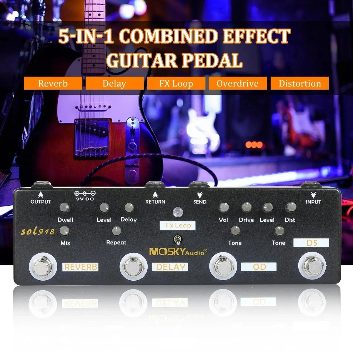 MOSKY Audio SOL918 combined 5-in-1 analog effects pedal featuring reverb, delay, FX loop, overdrive, and distortion. Ideal for versatile guitar tones.