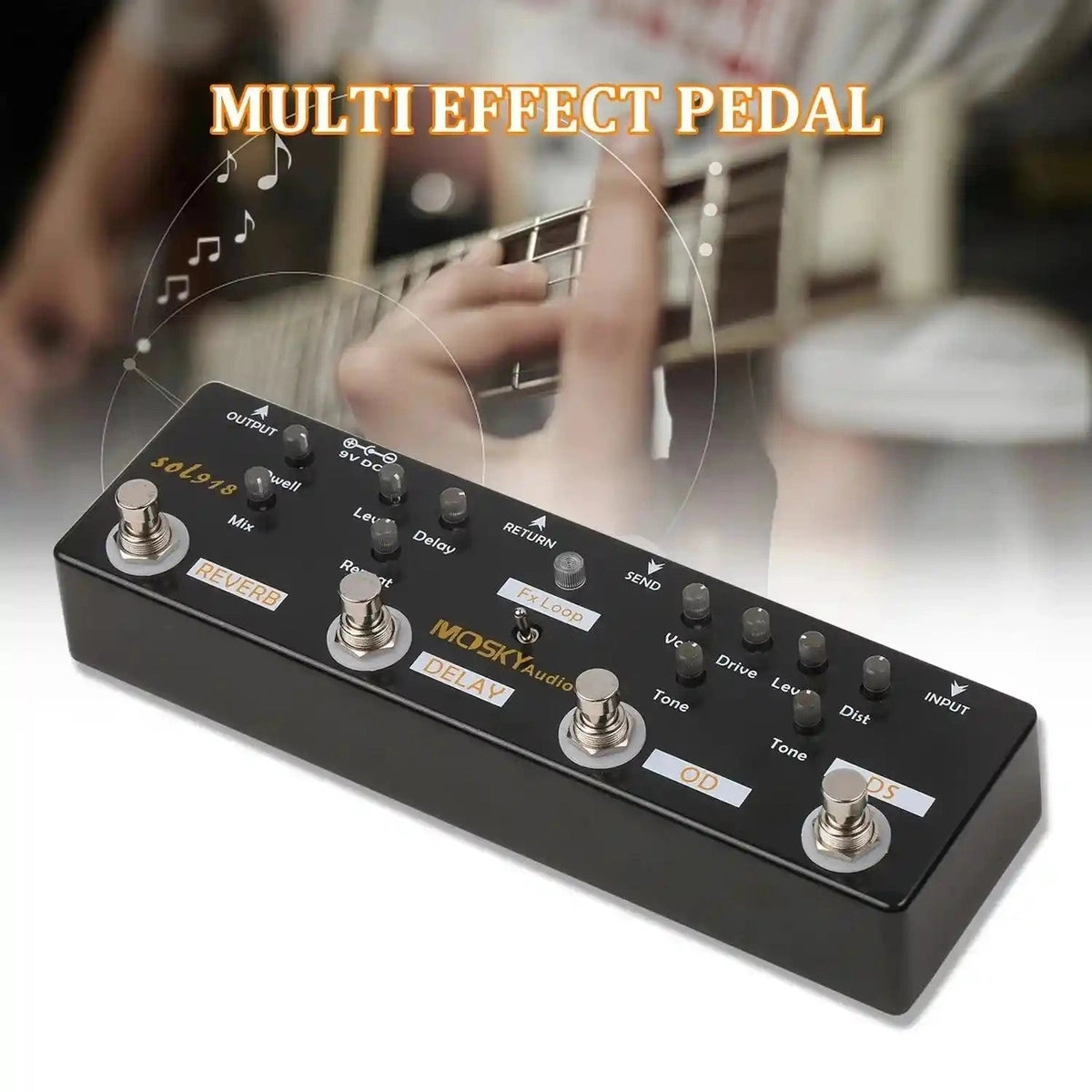 MOSKY Audio SOL918 multi-effect pedal featuring 5-in-1 analog effects, including reverb, delay, overdrive, and distortion, ideal for guitarists.