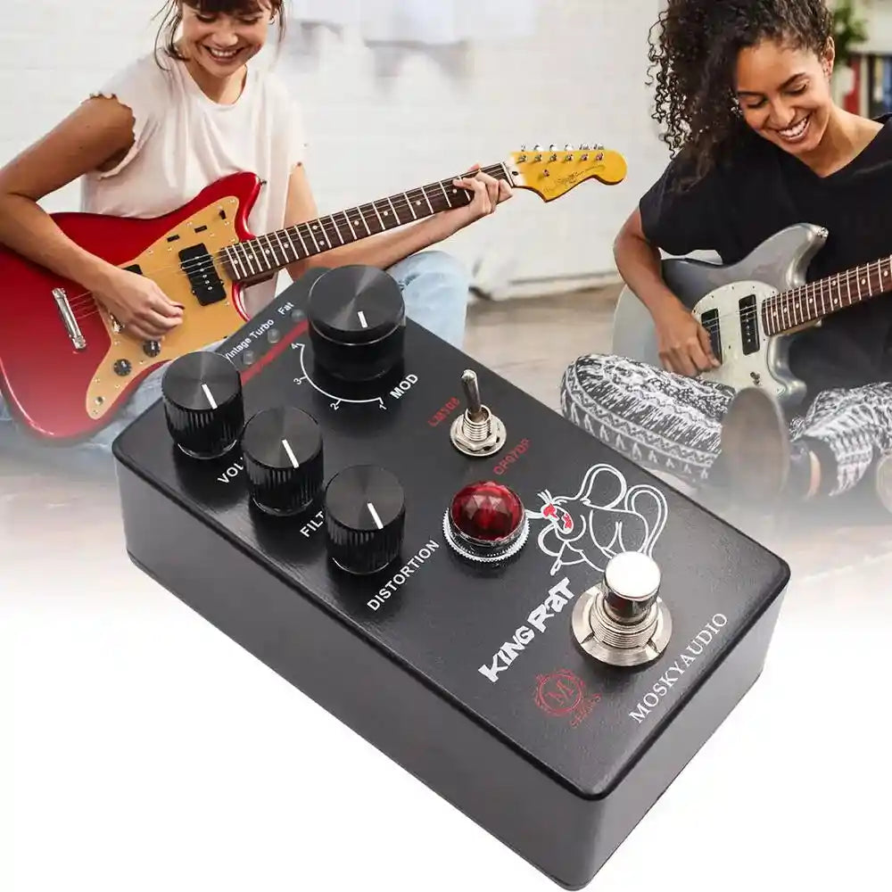 MOSKY KING RAT fuzz distortion pedal in black with volume, filter, and distortion controls. Features multiple modes and a compact design.