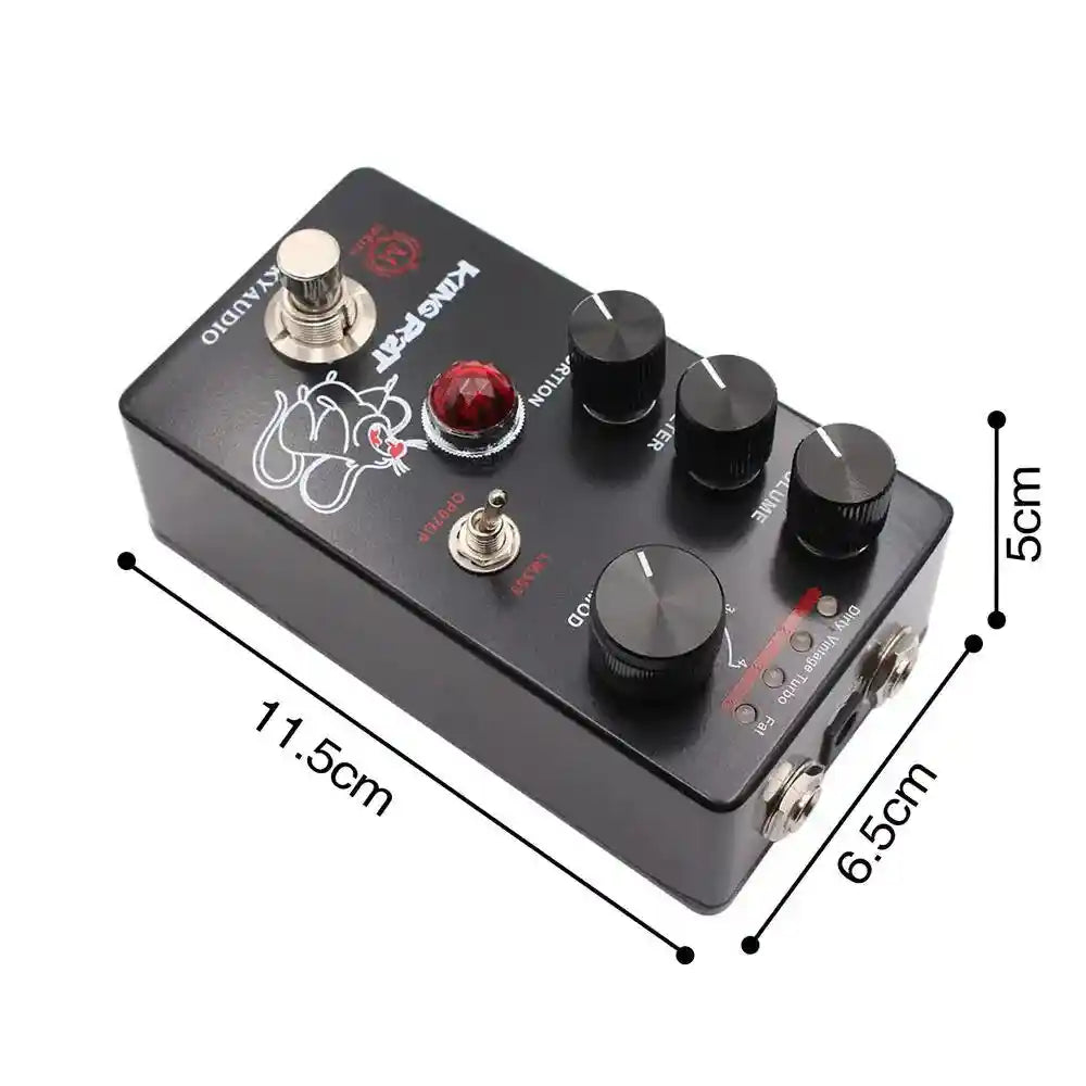 MOSKY KING RAT fuzz distortion pedal in black with volume, filter, and distortion controls. Features multiple modes and a compact design.