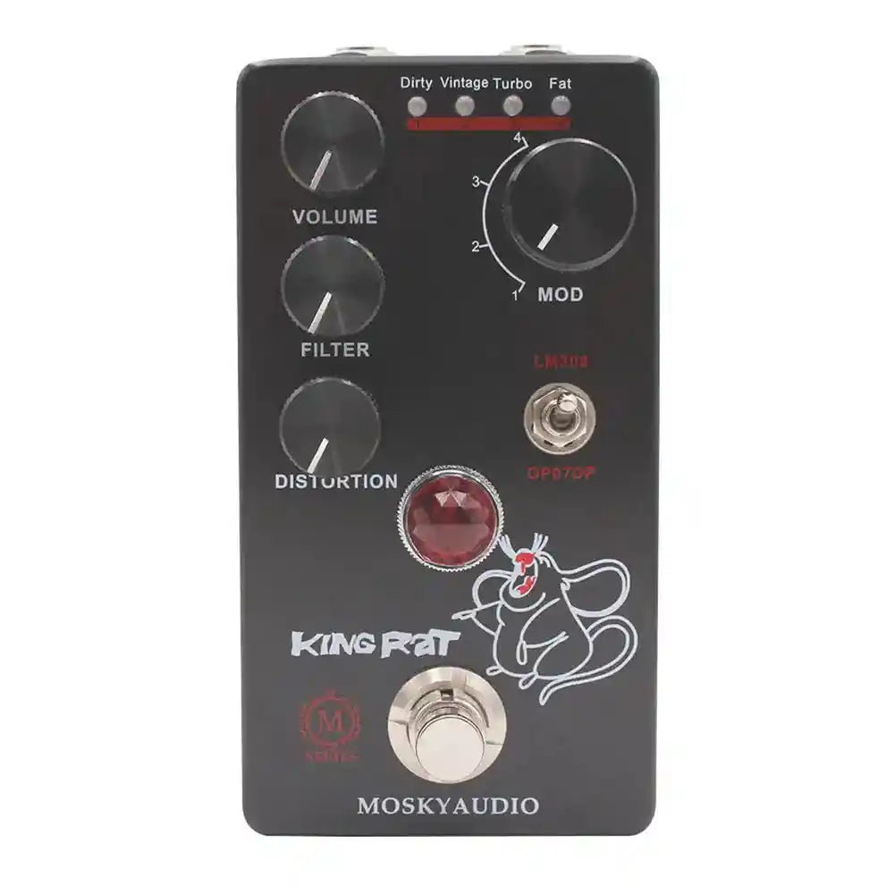 MOSKY KING RAT fuzz distortion pedal in black with volume, filter, and distortion controls. Features multiple modes and a compact design.