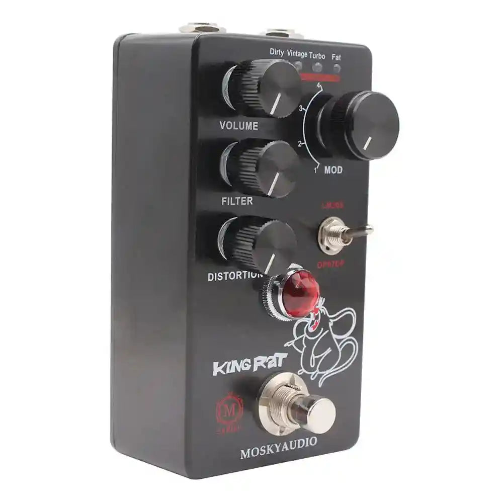 MOSKY KING RAT fuzz distortion pedal in black with volume, filter, and distortion controls. Features multiple modes and a compact design.