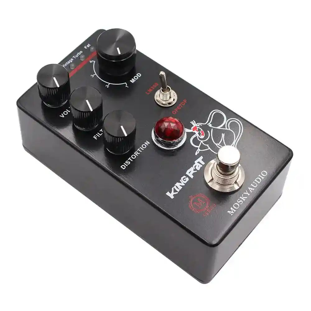 MOSKY KING RAT fuzz distortion pedal in black with volume, filter, and distortion controls. Features multiple modes and a compact design.