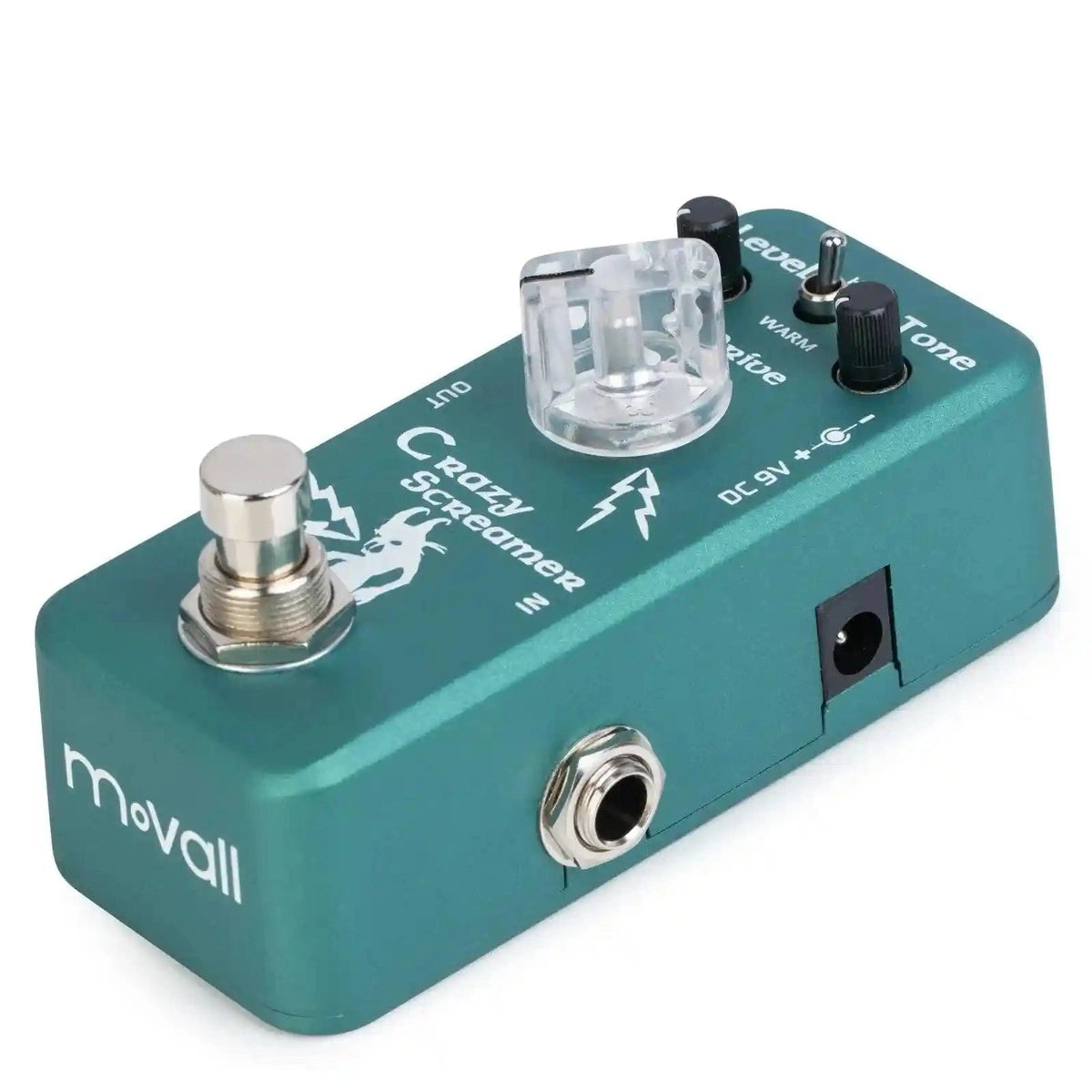 Movall MP-315 Crazy Screamer overdrive pedal with 3 knobs and 2 modes. Compact green metal casing, footswitch, and input/output jacks for guitar effects.