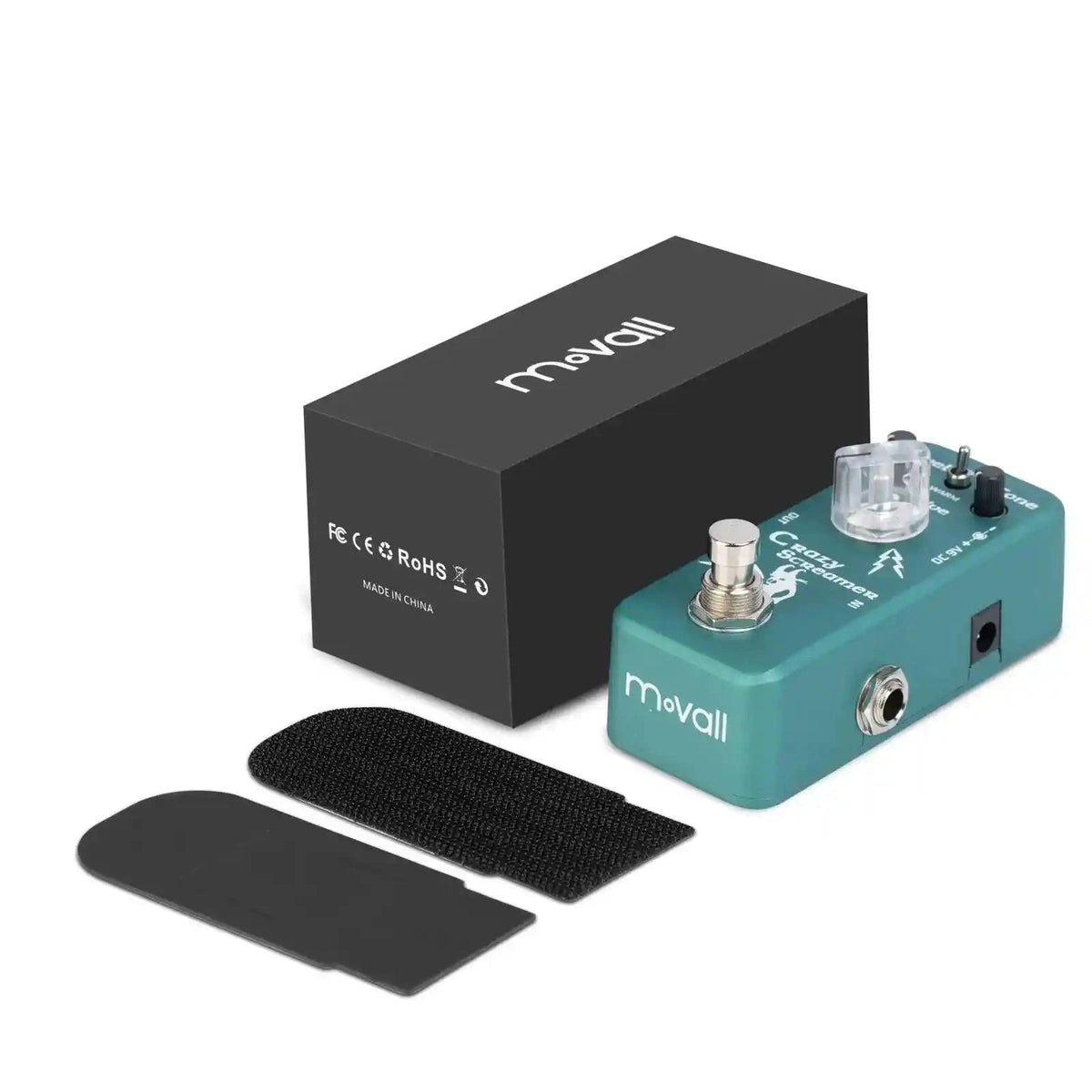 Movall MP-315 Crazy Screamer overdrive pedal with 3 knobs and 2 modes, featuring a compact turquoise design. Includes packaging and accessories.
