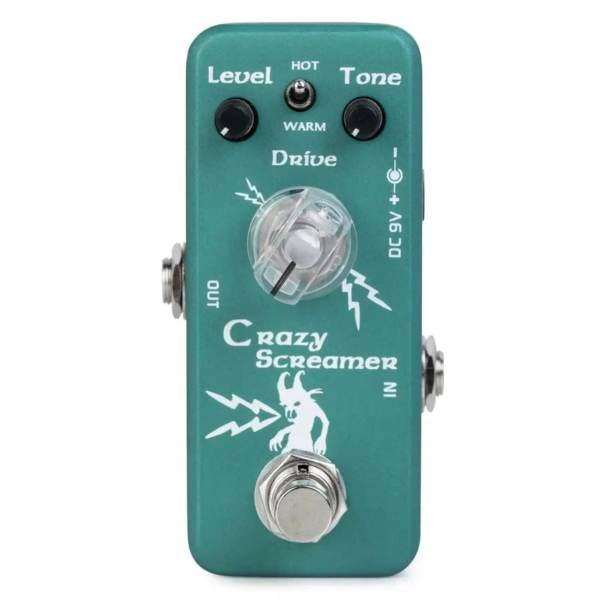 Movall MP-315 Crazy Screamer overdrive pedal with 3 knobs and 2 modes. Compact green design featuring Level, Tone, and Drive controls for versatile guitar tones.