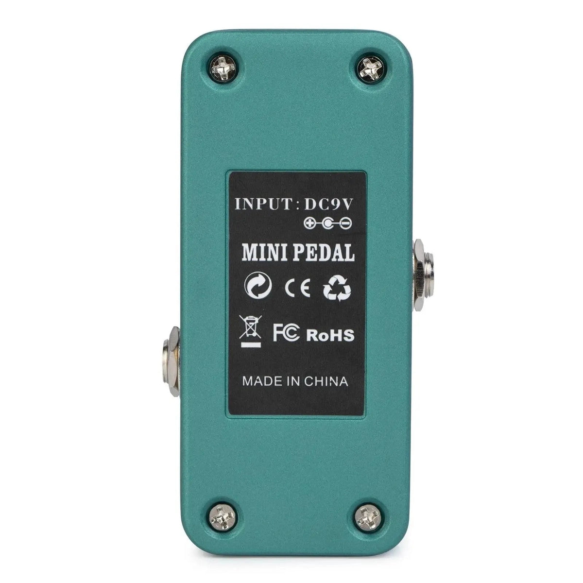 Back view of the Movall MP-315 Crazy Screamer overdrive pedal, showcasing its DC 9V input and certification labels. Compact and durable design.