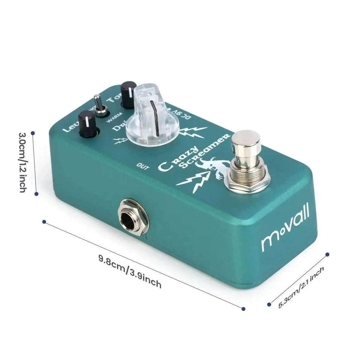 Movall MP-315 Crazy Screamer overdrive pedal with 3 knobs and 2 modes. Compact design in teal with a transparent gain knob and footswitch.