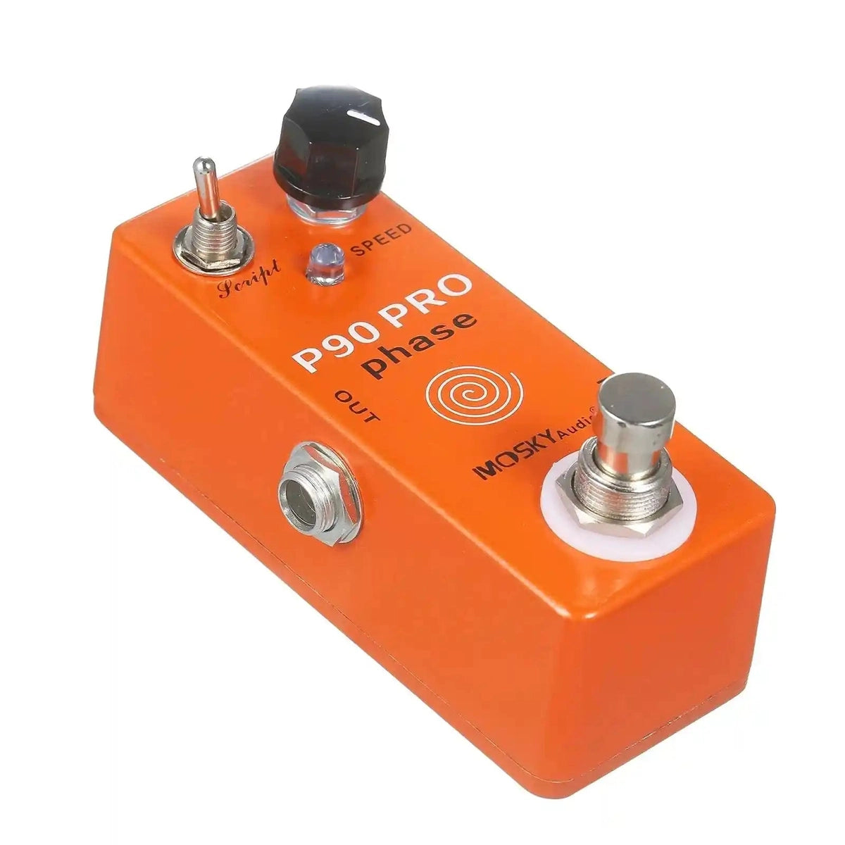 MOSKYaudio P90 PRO PHASE Phaser pedal in orange with a compact design, featuring a Script switch, speed knob, and true bypass functionality.