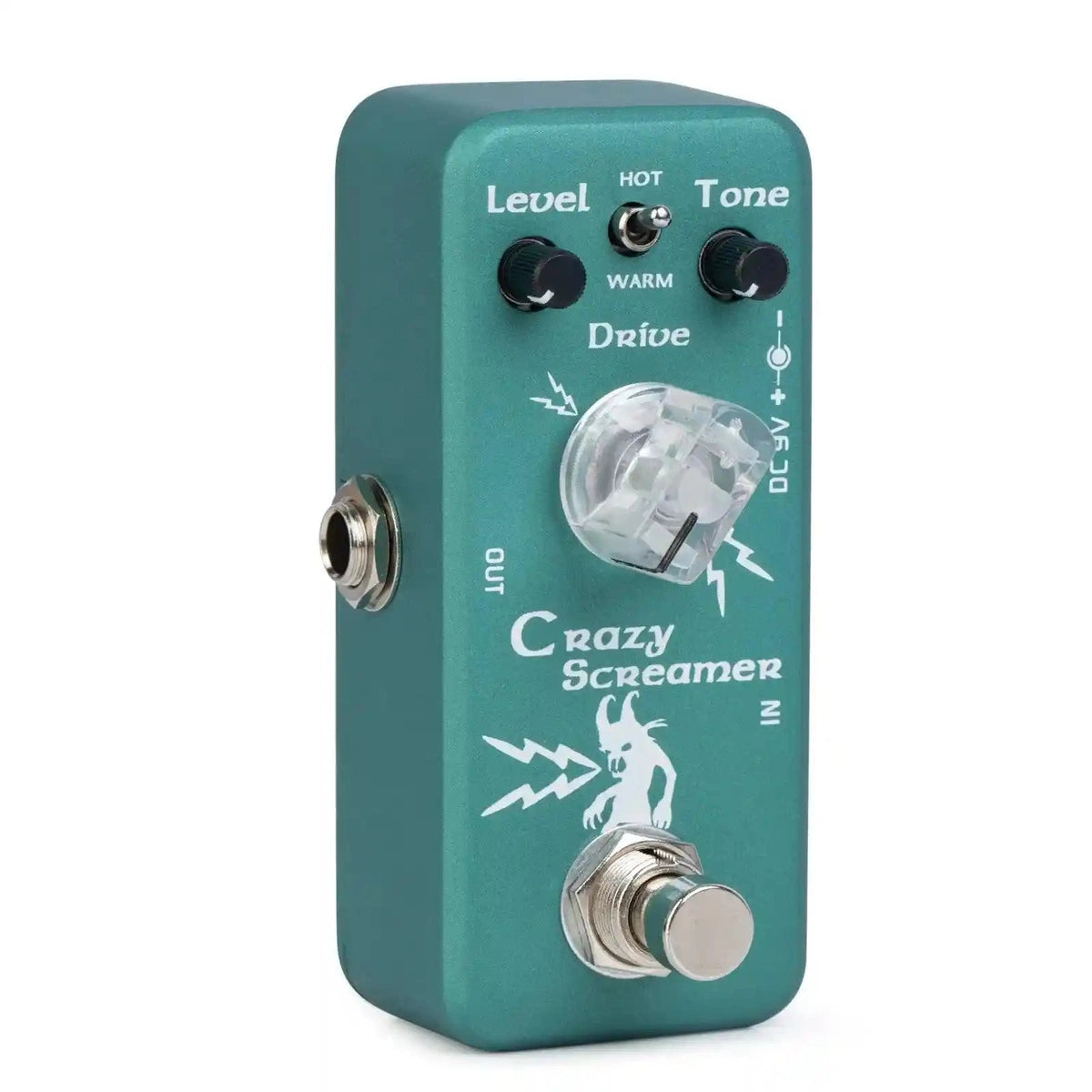 Movall MP-315 Crazy Screamer overdrive pedal with 3 knobs and 2 modes. Compact green design with level, tone, and drive controls for versatile guitar tones.