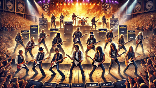 Legendary guitarists on stage with iconic pedals and amplifiers.