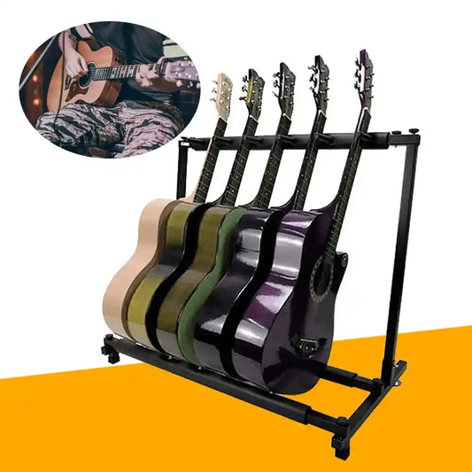 5-Way Universal Guitar Stand with durable iron frame holding five acoustic guitars, featuring protective padding for safe storage. Ideal for musicians, collectors, and studio setups.
