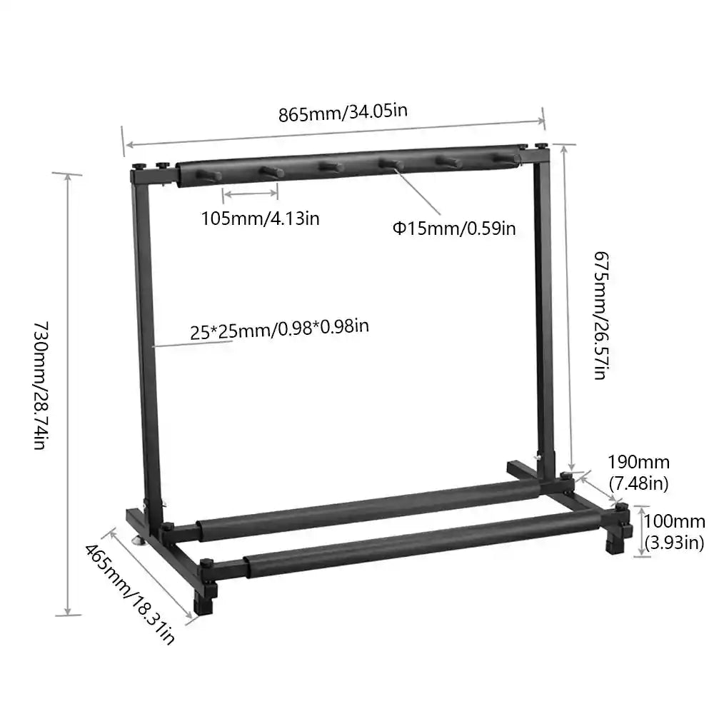 5-Way Universal Guitar Stand with dimensions labeled, featuring a durable iron frame, protective padding, and space for 5 guitars. Ideal for home or studio use.