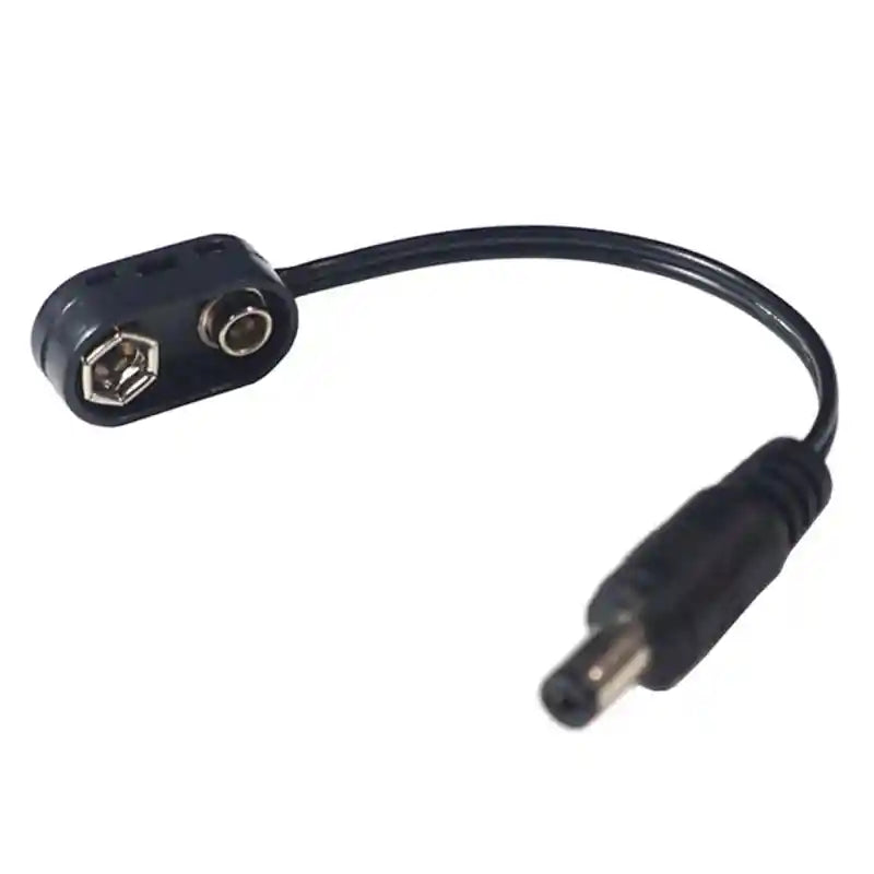 9V battery clip to pedal power converter with a black cable and DC barrel connector, ideal for powering guitar effects pedals.