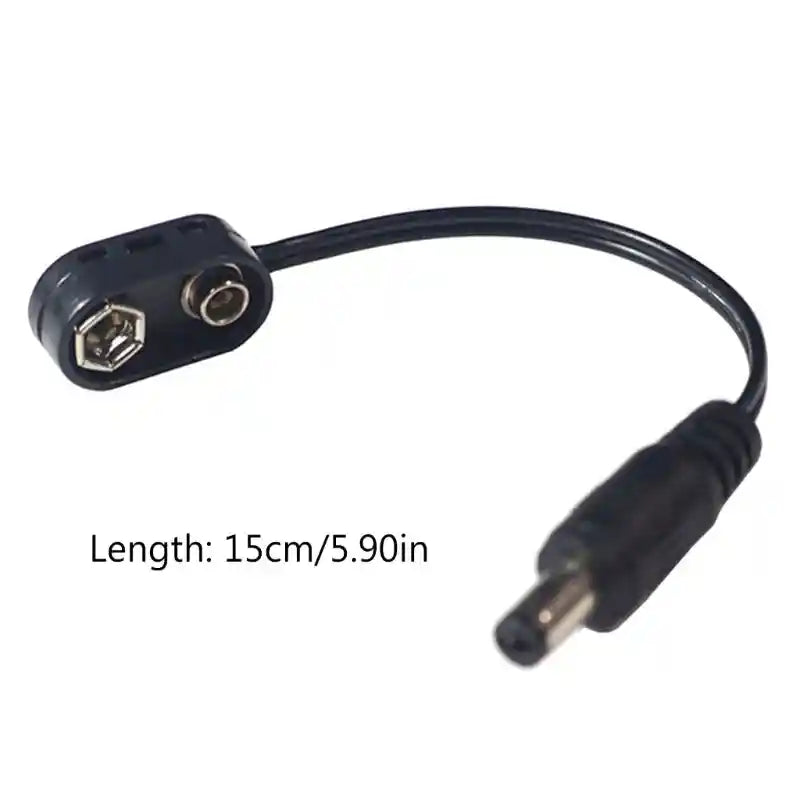 9V battery clip to pedal power converter with a black cable and DC barrel connector, ideal for powering guitar effects pedals.