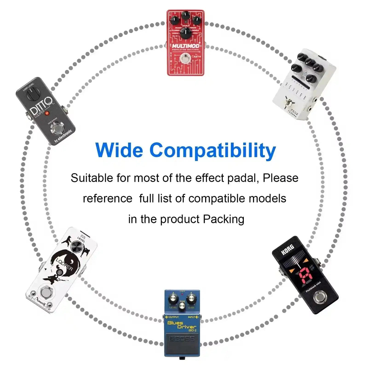 9V DC 500mA power supply with 5-way daisy chain cable, ideal for powering multiple guitar pedals simultaneously. Compact and efficient design for electric guitar pedalboards.