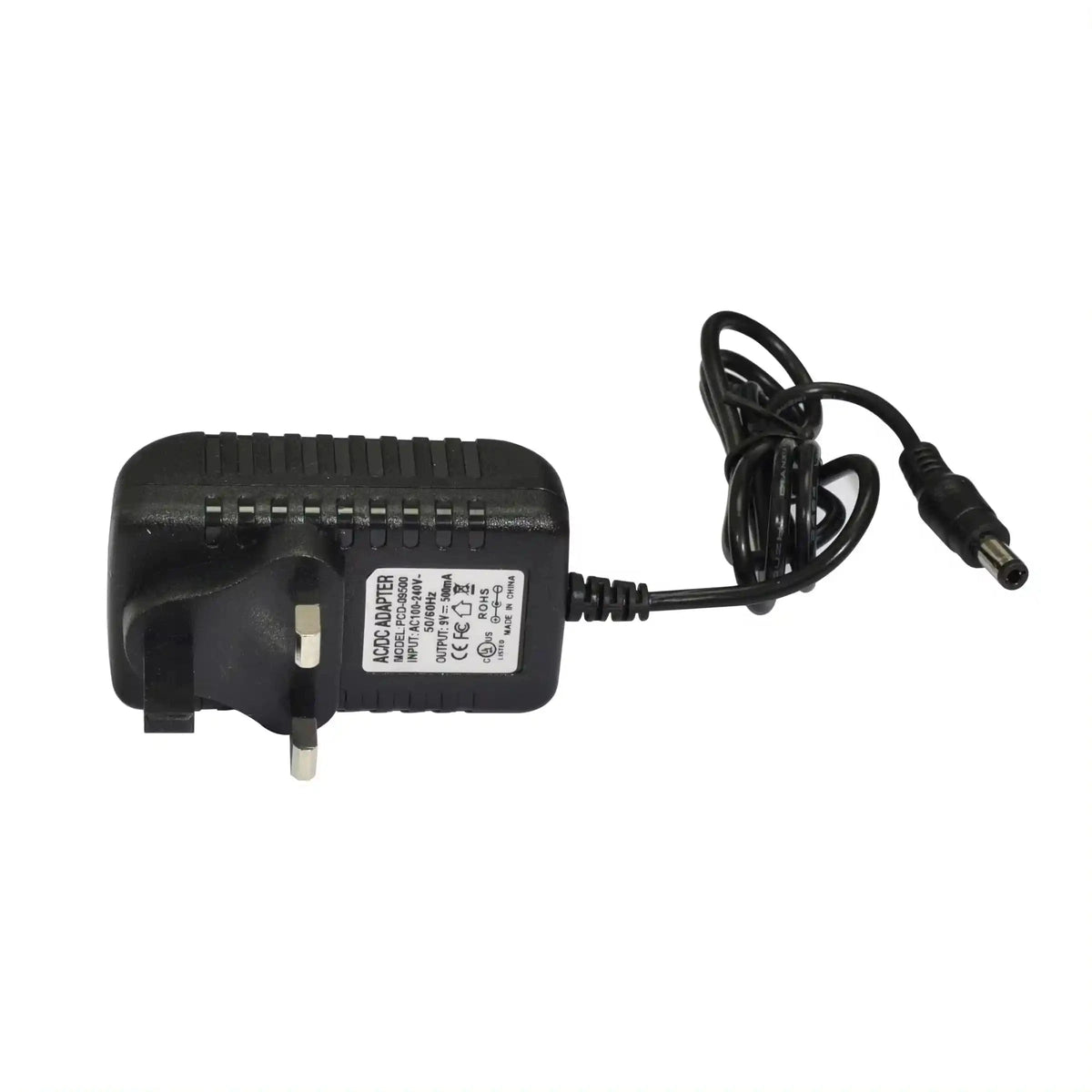 9V DC 500mA power supply with 5-way daisy chain cable, ideal for powering multiple guitar pedals simultaneously. Compact and efficient design for electric guitar pedalboards.