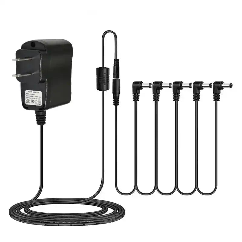 9V DC 500mA power supply with 5-way daisy chain cable, ideal for powering multiple guitar pedals simultaneously. Compact and efficient design for electric guitar pedalboards.