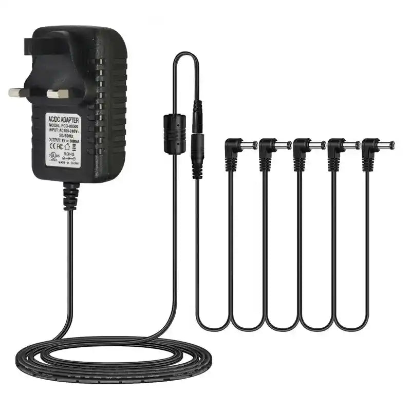 9V DC 500mA power supply with 5-way daisy chain cable, ideal for powering multiple guitar pedals simultaneously. Compact and efficient design for electric guitar pedalboards.