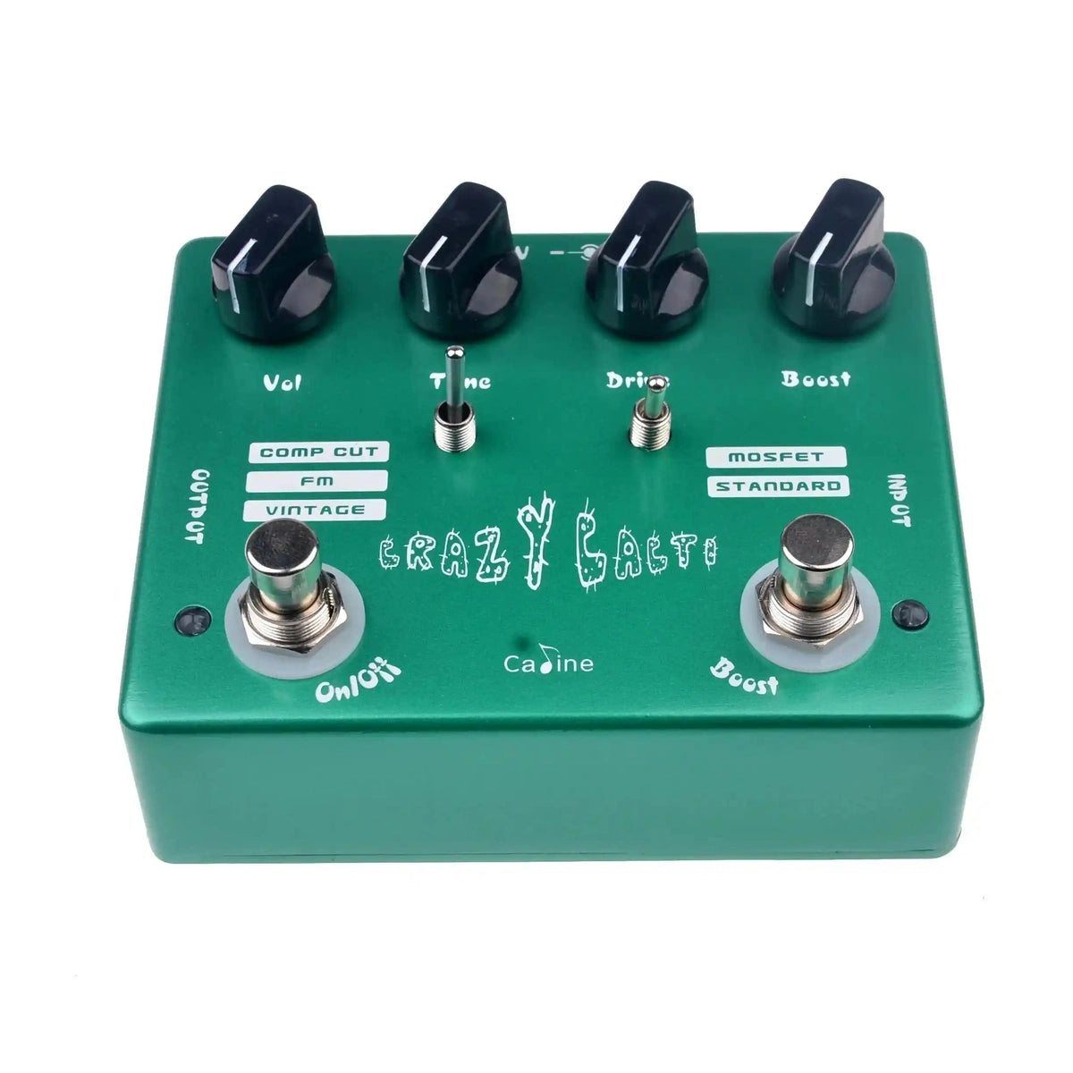 Caline CP-20 Crazy Cacti Overdrive pedal in green with four knobs labeled Vol, Tone, Drive, and Boost, plus two switches for Comp Cut/FM/Vintage and MOSFET/Standard modes. Ideal for diverse overdrive tones.