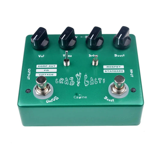 Caline CP-20 Crazy Cacti Overdrive pedal in green with four knobs labeled Vol, Tone, Drive, and Boost, plus two switches for Comp Cut/FM/Vintage and MOSFET/Standard modes. Ideal for diverse overdrive tones.