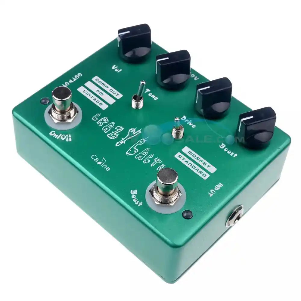 Caline CP-20 Crazy Cacti Overdrive pedal in green with four knobs labeled Vol, Tone, Drive, and Boost, plus two switches for Comp Cut/FM/Vintage and MOSFET/Standard modes. Ideal for diverse overdrive tones.