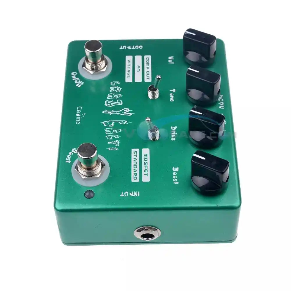 Caline CP-20 Crazy Cacti Overdrive pedal in green with four knobs labeled Vol, Tone, Drive, and Boost, plus two switches for Comp Cut/FM/Vintage and MOSFET/Standard modes. Ideal for diverse overdrive tones.