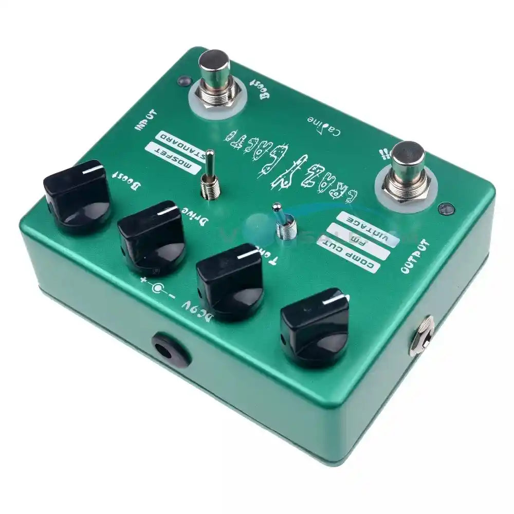 Caline CP-20 Crazy Cacti Overdrive pedal in green with four knobs labeled Vol, Tone, Drive, and Boost, plus two switches for Comp Cut/FM/Vintage and MOSFET/Standard modes. Ideal for diverse overdrive tones.