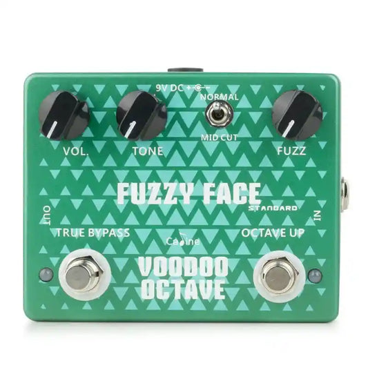Caline CP-53 Fuzzy Face Voodoo Octave guitar pedal with green triangular design, featuring volume, tone, and fuzz knobs, true bypass, and octave up switch.
