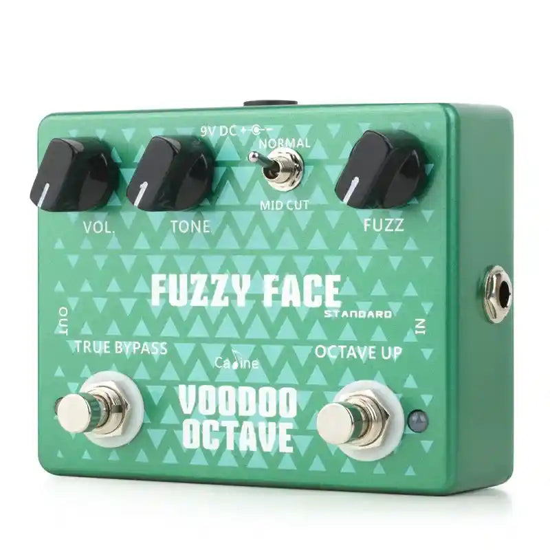 Caline CP-53 Fuzzy Face Voodoo Octave guitar pedal in green with controls for volume, tone, fuzz, and octave. Compact design for versatile fuzz and octave effects.