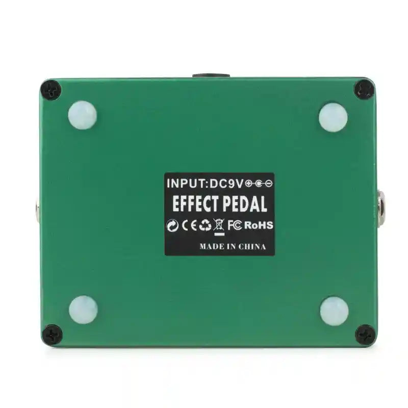 Back view of the Caline CP-53 Fuzzy Face Voodoo Octave guitar effects pedal showcasing its green casing, rubber feet, and input details.