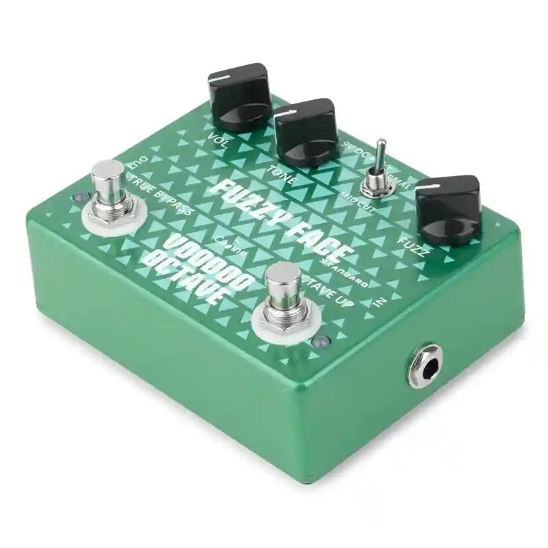 Caline CP-53 Fuzzy Face Voodoo Octave guitar pedal in green with volume, tone, and fuzz knobs, offering classic fuzz and octave effects.